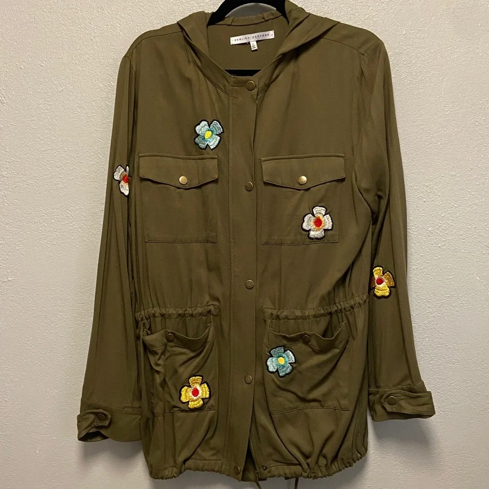 English Factory Olive Green Floral Embellished Military Utility Hoodie Jacket - Picture 2 of 11